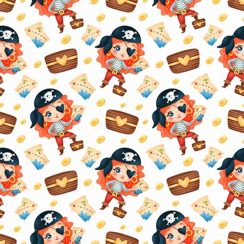 Premium Vector Cute Cartoon Pirates Girls Seamless Pattern