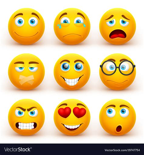 Yellow 3d Emoticons Set Funny Smiley Face Vector Image