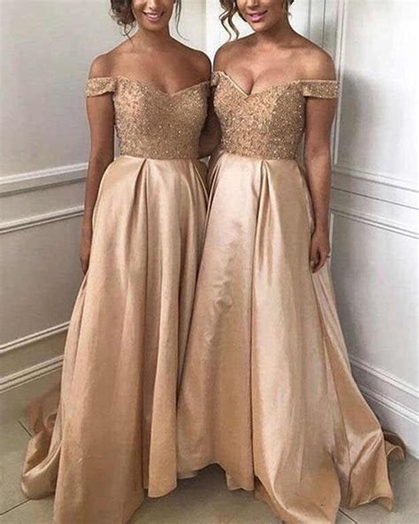 Gold Sequins Beads V Neck Long Satin Bridesmaid Dresses Alinanova