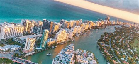 Miami Beach Buildings At Dusk Aerial View From Helicopter Stock Image