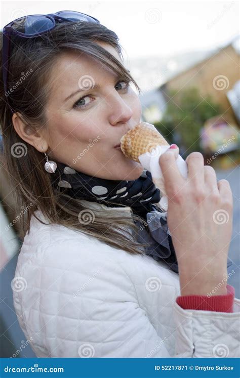 Woman Licking Ice Cream Cone Stock Image Image Of Caucasian Hair 52217871