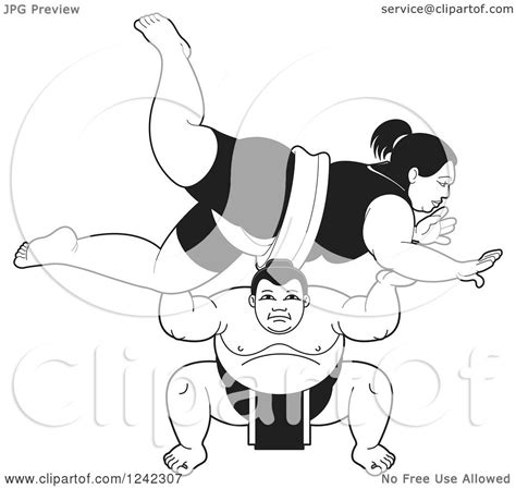 Clipart Of Black And White Male And Female Sumo Wrestlers Fighting Royalty Free Vector
