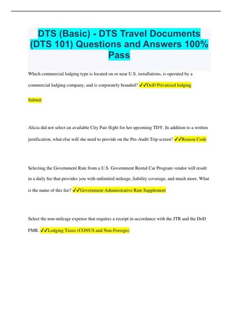 DTS (Basic) - DTS Travel Documents (DTS 101) Questions and Answers 100%