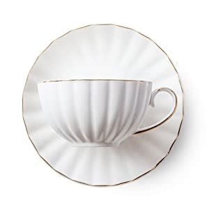 BTäT Tea Cups and Saucers Set of 6 7 oz with Gold Trim and Gift Box