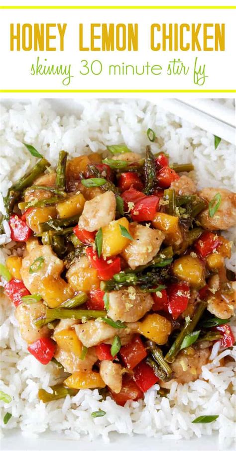 Sweet spicy salty stir fry chicken with mango and colored bell pepper serve with rice (white or white/wild/black combo). Honey Lemon Chicken Stir Fry with Asparagus and Mangoes