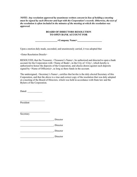 A bank account opening letter is usually written to the bank manager, requesting him/her to allow you to open a bank account in their bank. Resolution of directors to open bank account sample in Word and Pdf formats