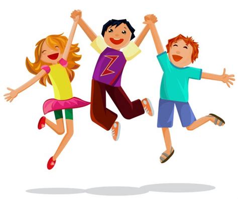 Happy Cartoon Young Boy And Girl Kids Jumping For Joy With Their Hands