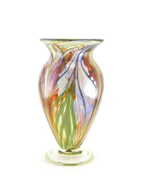 hand blown art glass vase iridescent amber purple and pink
