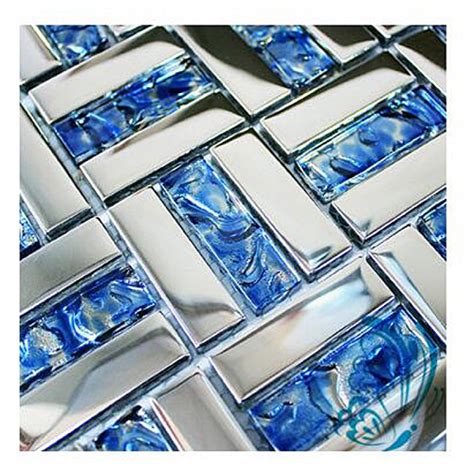 Tst Sea Blue Glass Mosaic Tile Chrome Finish Wave Backing Backsplash