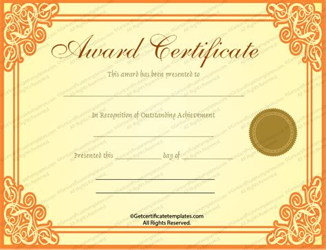 Gold Award Certificate Template Word Doc Printable