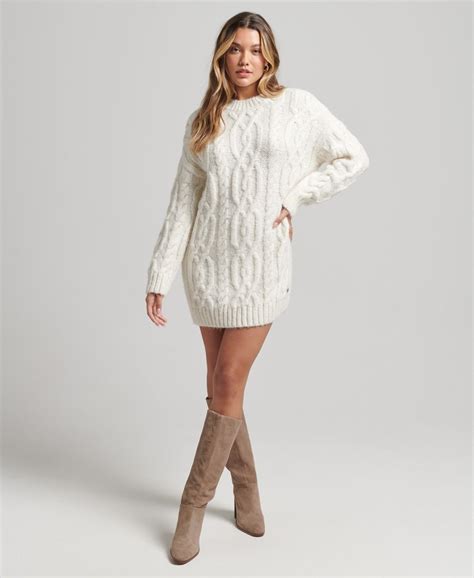 Womens Cable Knit Dress In Ecru Superdry Uk