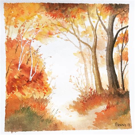 Original Watercolor Painting Autumn Forest Autumnal Scenery Etsy