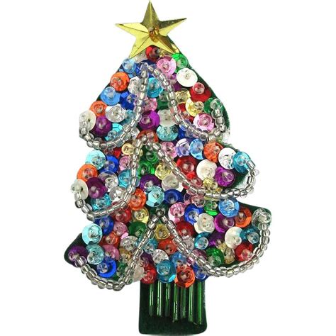 Vintage Handmade Sequins N Beads Christmas Tree Pin Christmas Pins