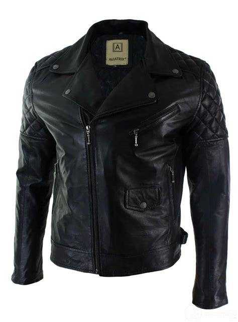 Real Leather Cross Zip Mens Biker Jacket Black Tailored Fit Retro