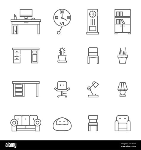 Work Room Furniture And Accessories Thin Line Icons Collection Of