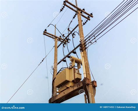 The Elactric Tower And Transformers On Blue Sky Background Stock Image