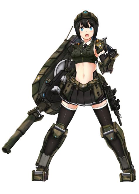 Safebooru 1girl Armor Black Hair Blue Eyes Breast Pocket Breasts Cannon Clenched Hand Elbow