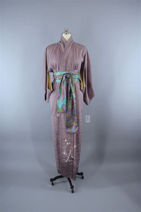 1950s Vintage Silk Kimono Robe Taupe Maple Leaf Floral Silk Kimono