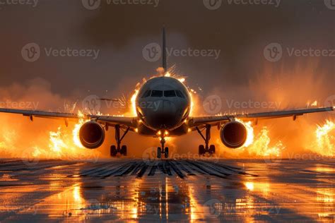 Plane crash airplane on runway catastrophe burning wrecks engine fire