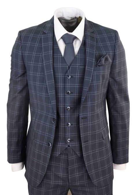 Mens Dark Grey 3 Piece Check Suit Buy Online Happy Gentleman