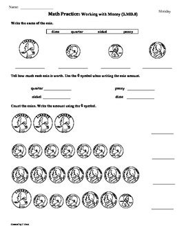 (2.MD.8) Money- 2nd Grade Common Core Math Worksheets- 1st 9 Weeks