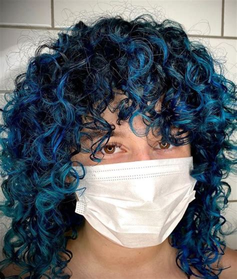 Curly Blue Hair In 2021 Dyed Curly Hair Blue Hair Hair Colour Blue