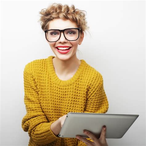 Premium Photo Happy Teenage Girl Wearing Glasses With Tablet Pc Computer