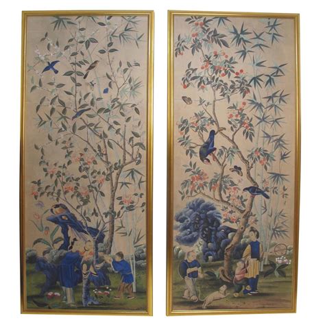 Pair Of Antique Hand Painted Chinese Wallpaper Panels For Sale At 1stdibs