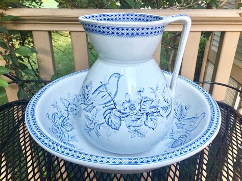 Beautiful Antique Pitcher And Wash Basin Set Blue And White Etsy