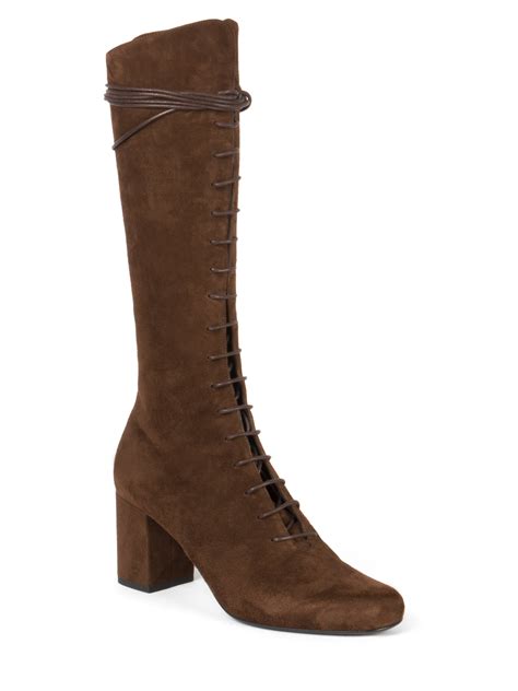 Saint Laurent Suede Lace Up Knee High Boots In Brown Lyst
