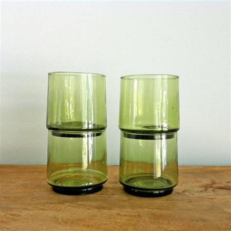 Four Mid Century Hand Blown Green Glasses Vintage Mid Century Etsy Hand Blown Lowball