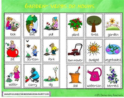 Esl Garden Theme Action Flashcards Verbs Or Noun Sorting Esol Teaching
