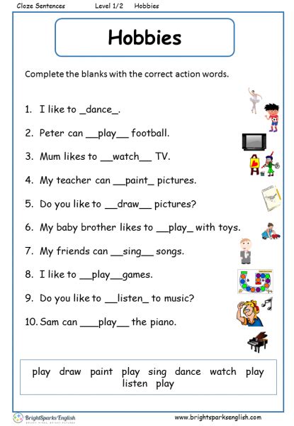 Hobbies Worksheet For Grade 1