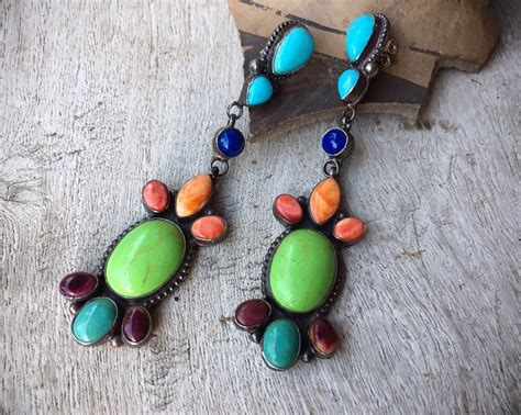 Navajo Earrings Multi Stone Multi Color Turquoise Dangles Native