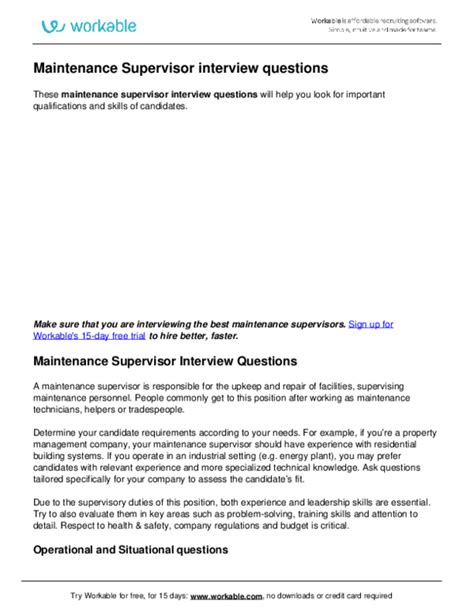 Pdf Maintenance Supervisor Interview Questions Gideon Welgemoed