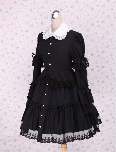 Black Cotton Lolita Op Dress Long Sleeves Round Collar Lace Trim