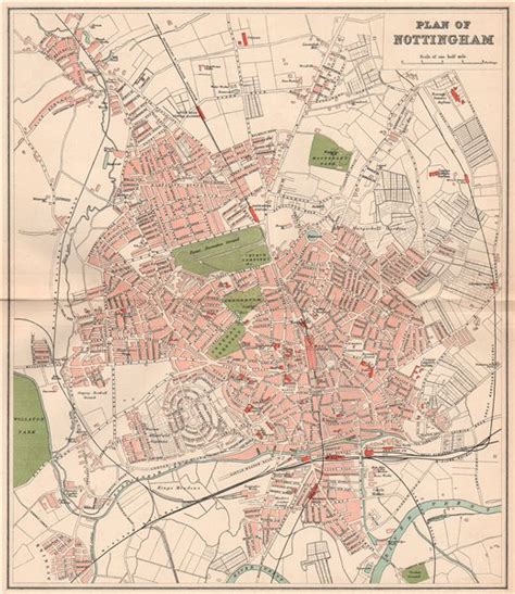 Nottingham Antique Towncity Map Plan Nottinghamshire 1893 Old
