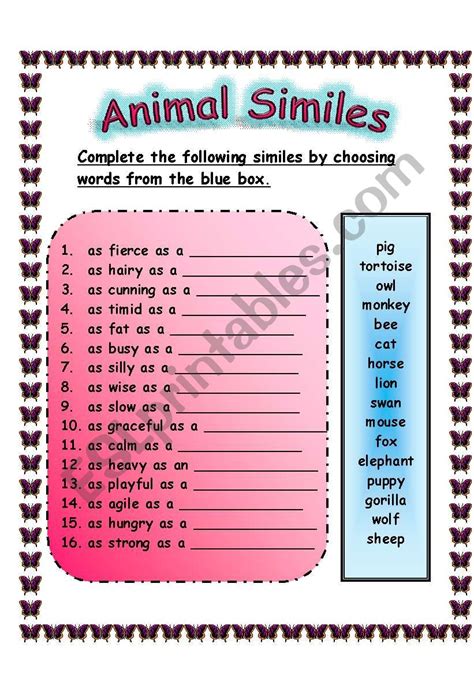 Animal Similes Worksheet 29072008 Esl Worksheet By Teacher2009