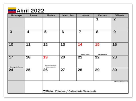 Calendarios Abril 2022 “días Feriados” Michel Zbinden Es