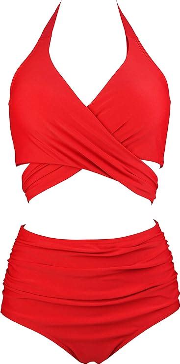 Cocoship Red Solids Women S Retro Ruching Ruffle High Waist Two Piece Bikini Set Cross Wrap