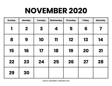 November 2020 Calendar Printable A Printable Calendar
