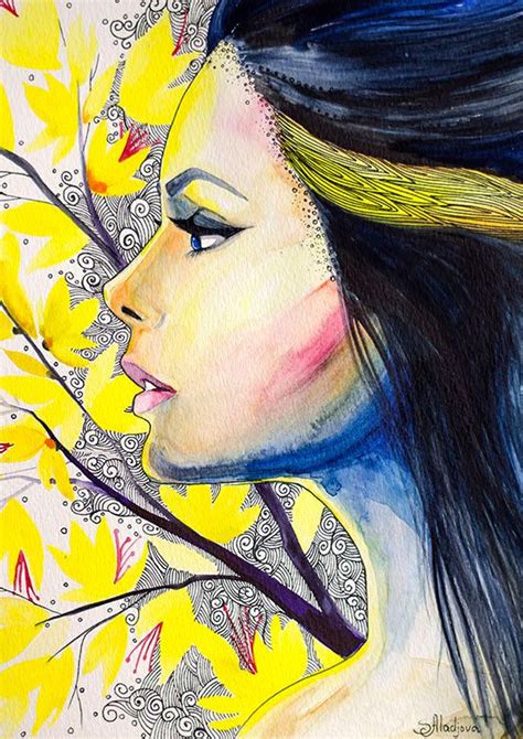 Yellow Girl Watercolor Painting Print Woman Aureolin By