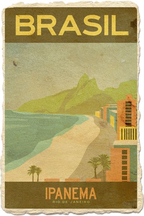 An Old Poster With The Words Brasil On It And A Beach In Front Of Mountains