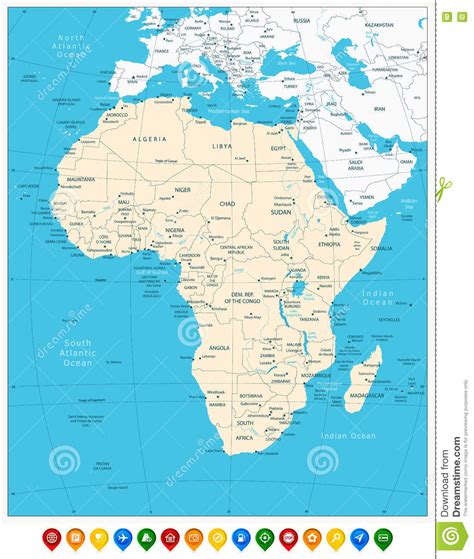 Africa Highly Detailed Map And Colored Map Pointers Stock Vector