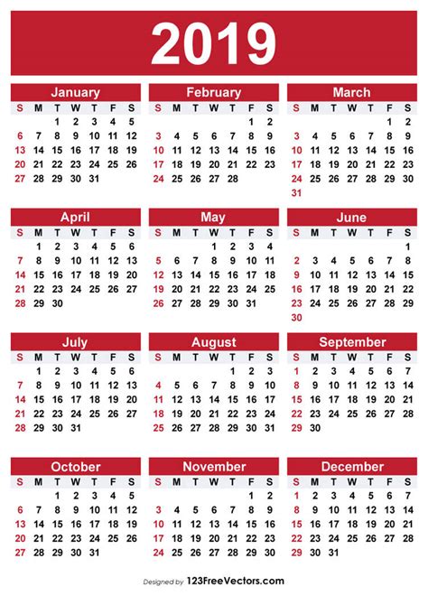 2019 Printable Calendar Free Vectors By 123freevectors On Deviantart