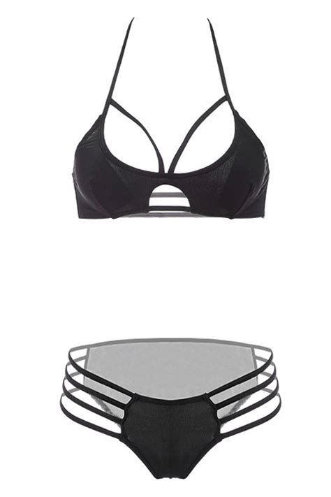 halter neck solid color openwork bikini set black swimwear zaful
