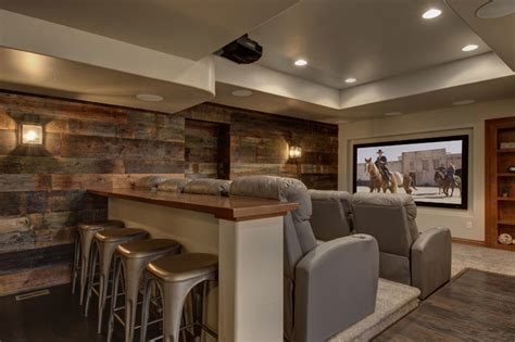 Basement Home Theater With Wood Paneling Traditional Basement