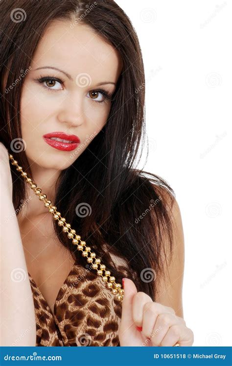 Brunette Woman Holding A Gold Bead Necklace Royalty Free Stock Photos Image