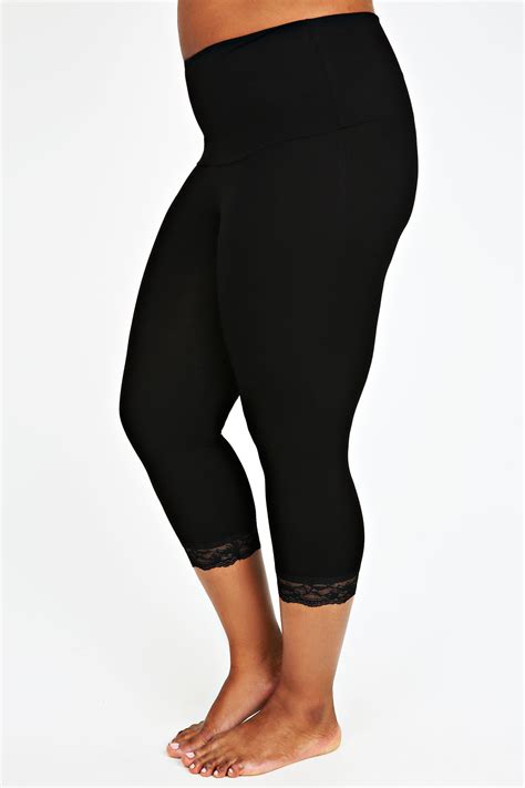 Black TUMMY CONTROL Cropped Leggings With Lace Trim Plus Size