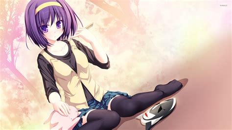 Girl With Short Purple Hair On The Ground Wallpaper Anime Wallpapers